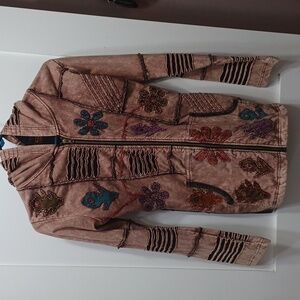 Rising International Boho Hoodie Jacket Coat Brown w Teal Purple Orange Cutouts